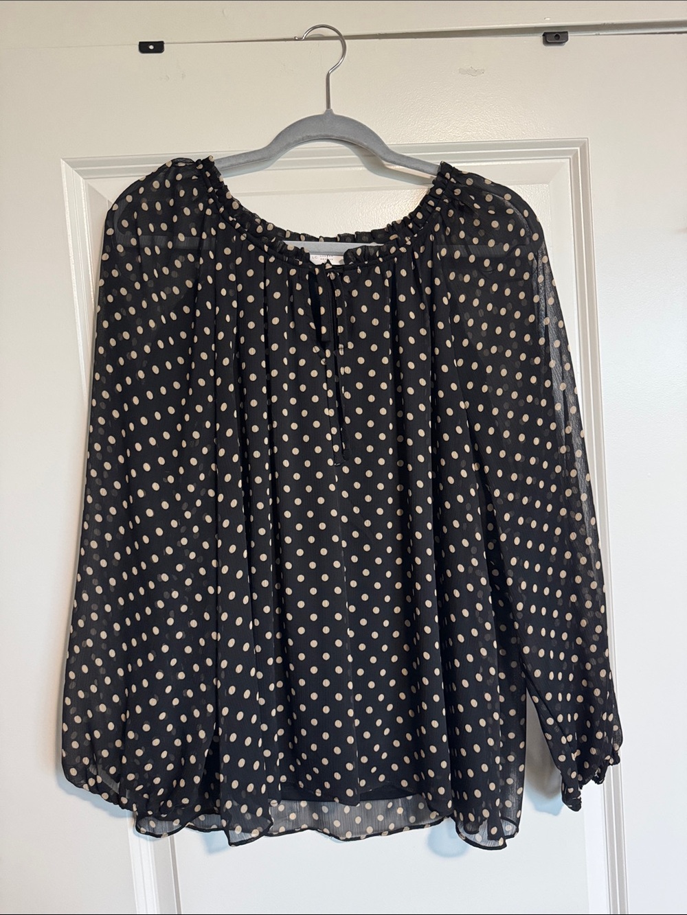 LC Lauren Conrad Black Blouse with Cream Polka Dots